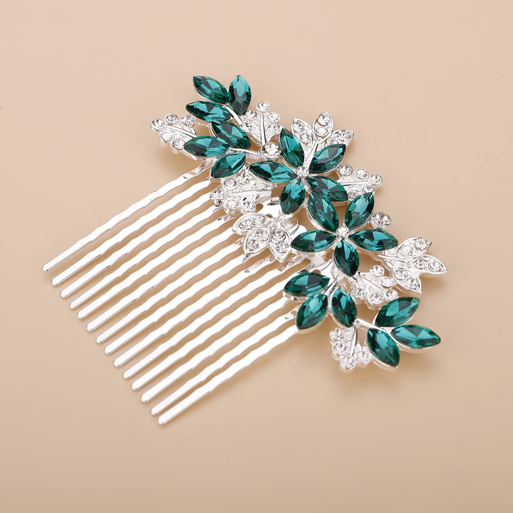 Teyglen Women Dainty Silver Gold Green Rhinestones Bridal Wedding Hair Comb, Luxurious Shiny Rhinestone Hair Accessories for Brides and Girls (Silver Green)