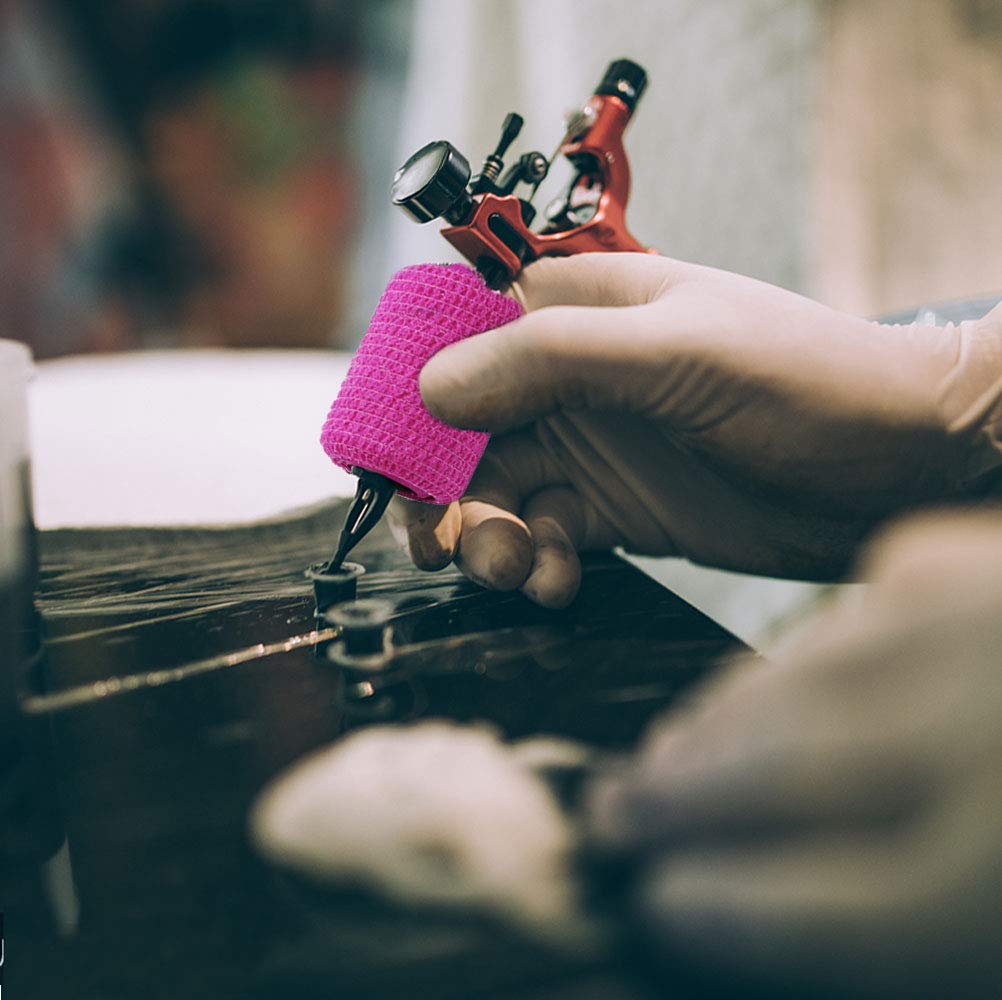 VideoPUP 24PCS Tattoo Grip Cover Wrap,Disposable Cohesive Tattoo Grip Cover Elastic Bandage Handle Grip Tube for Tattoo Machine Tattoo Grip Accessories(Phosphor Pink)