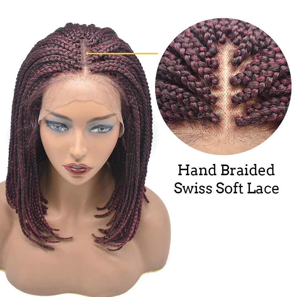 3”X3.8" Realistic Hand Tied Lace Front Box Braids Glueless Wig for Women Premium Quality Synthetic Lightweight Twist BOB Braided Wigs with Baby Hair Blonde Color (#1B/99JT Black Mix Wine Red)