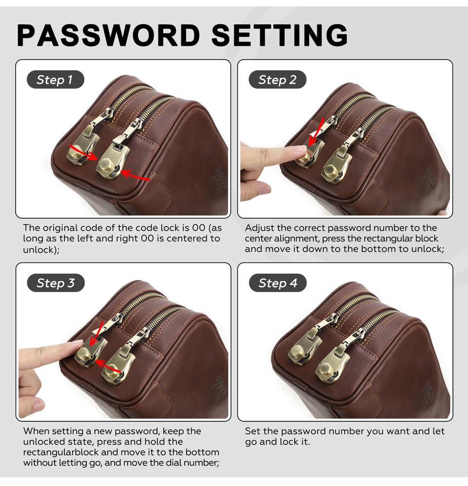 RC ROCKCOW Coded Lock Toiletry Bag, Mens Genuine Leather Travel Shaving Dopp Kit Anti Theft Business Wallet Clutch Purse Bag Organizer