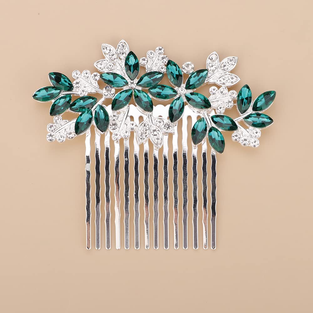Teyglen Women Dainty Silver Gold Green Rhinestones Bridal Wedding Hair Comb, Luxurious Shiny Rhinestone Hair Accessories for Brides and Girls (Silver Green)