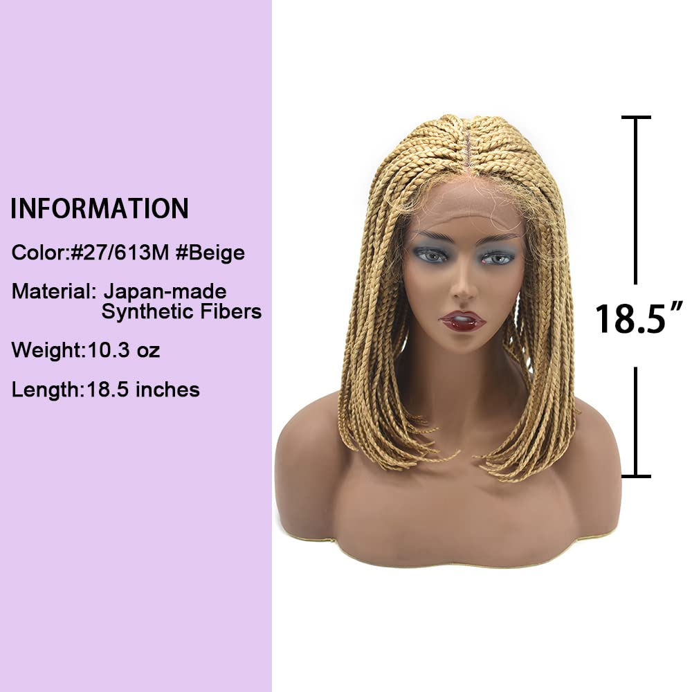 Swiss Lace Front Twist Box Braids Wigs with Baby Hair for Black Women Natural Looking Premium Quality Synthetic Shoulder Length Lightweight Hand Braided Cornrow Glueless Wigs (#27/613M Blonde)