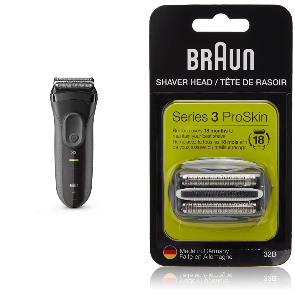 Braun Electric Razor for Men Foil Shaver, Rechargeable, Black, 4 Piece Set with Series 3 32B Foil & Cutter Replacement Head