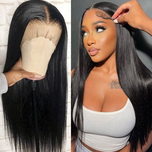 QD-Tizer Long Straight Lace Front Wigs Human Hair Pre Plucked with Baby Hair Glueless 150% Density 13x4 HD Lace Frontal Human Hair Wigs for Black Women Natural Hairline