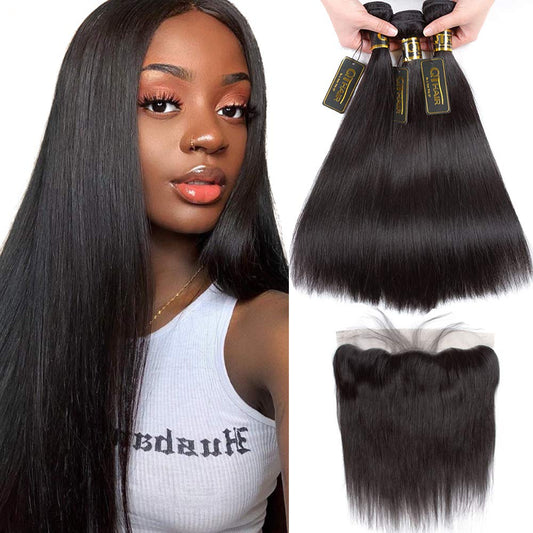 QTHAIR 14A Grade Brazilian Straight Human Hair Bundles With Frontal (12 14 16+10 13x4 Ear to Ear Lace Frontal 100% Unprocessed Virgin Brazilian Human Hair Straight Hair Natural Color