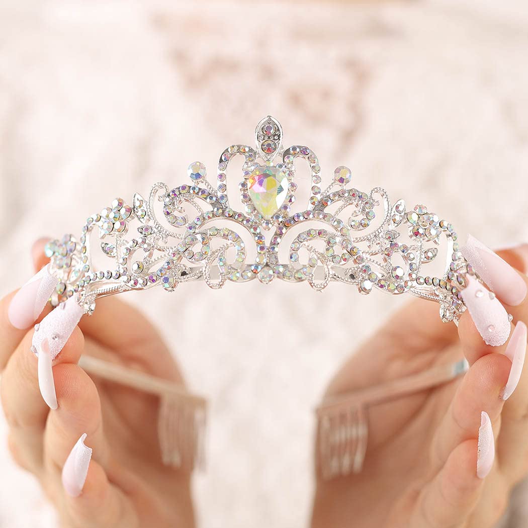 YeanSilver Crystal Tiara Crowns Bridal Queen Crown with Comb Rhinestone Princess Crowns Costume Hair Accessories for Women and Girls (Silver AB)