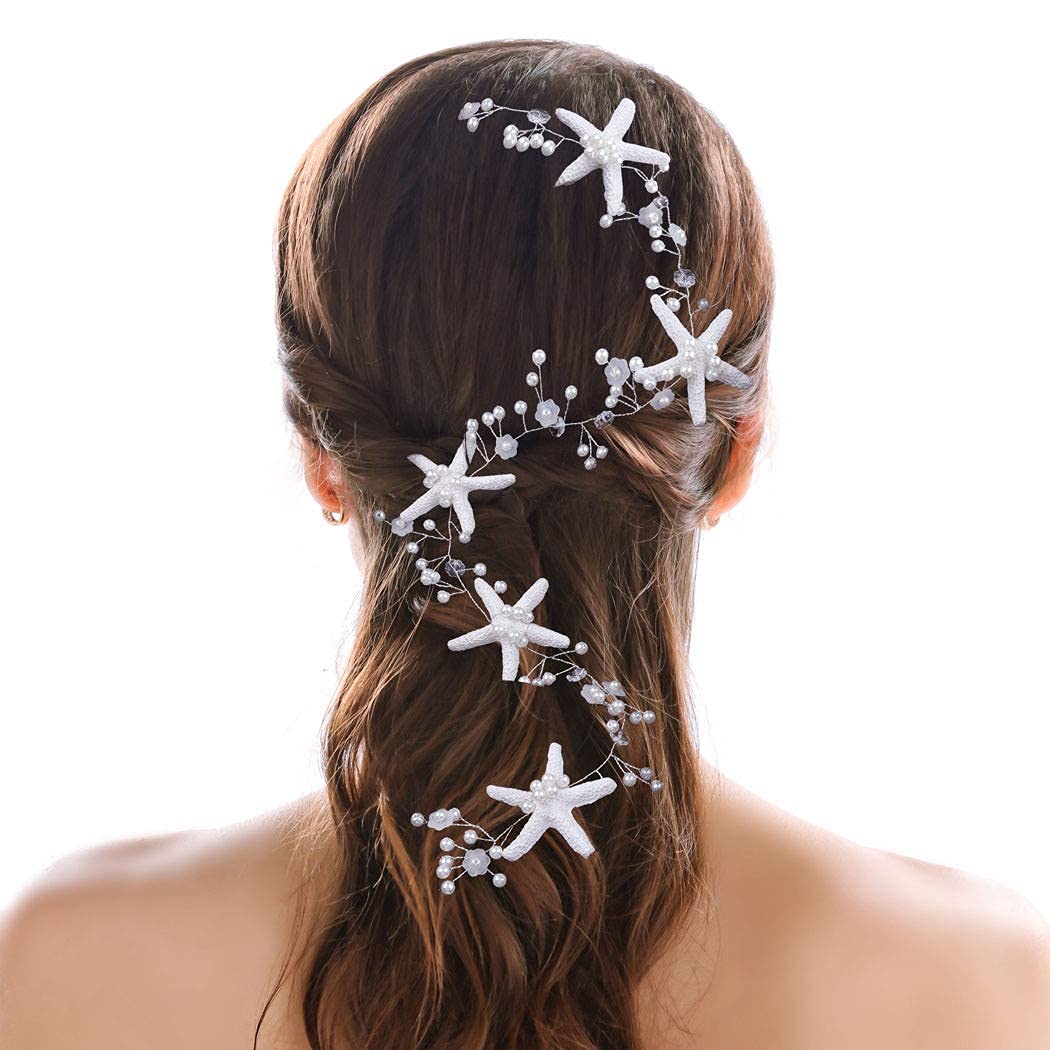 Unicra Starfish Bride Wedding Hair Vine Pearl Bridal Headband Headpiece Beach Wedding Hair Accessories for Women and Girls (Gold)