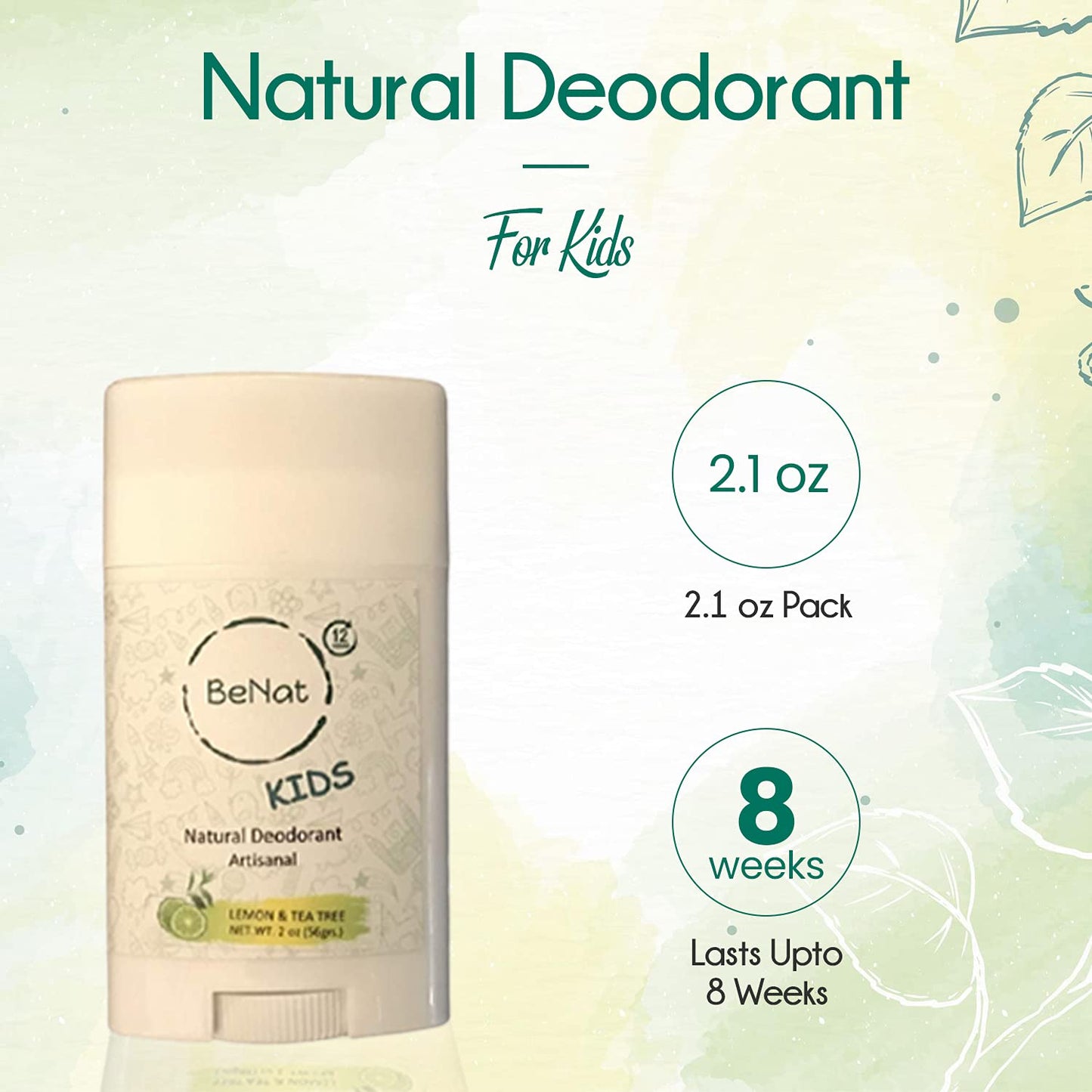 BeNat 2-Pack All Natural Deodorant For Kids and Teens 100% Natural Aluminum-Free Carcinogen Free Kids Deodorant For Boys and Girls Clinically Proven To Be Safe For Children and Teenagers