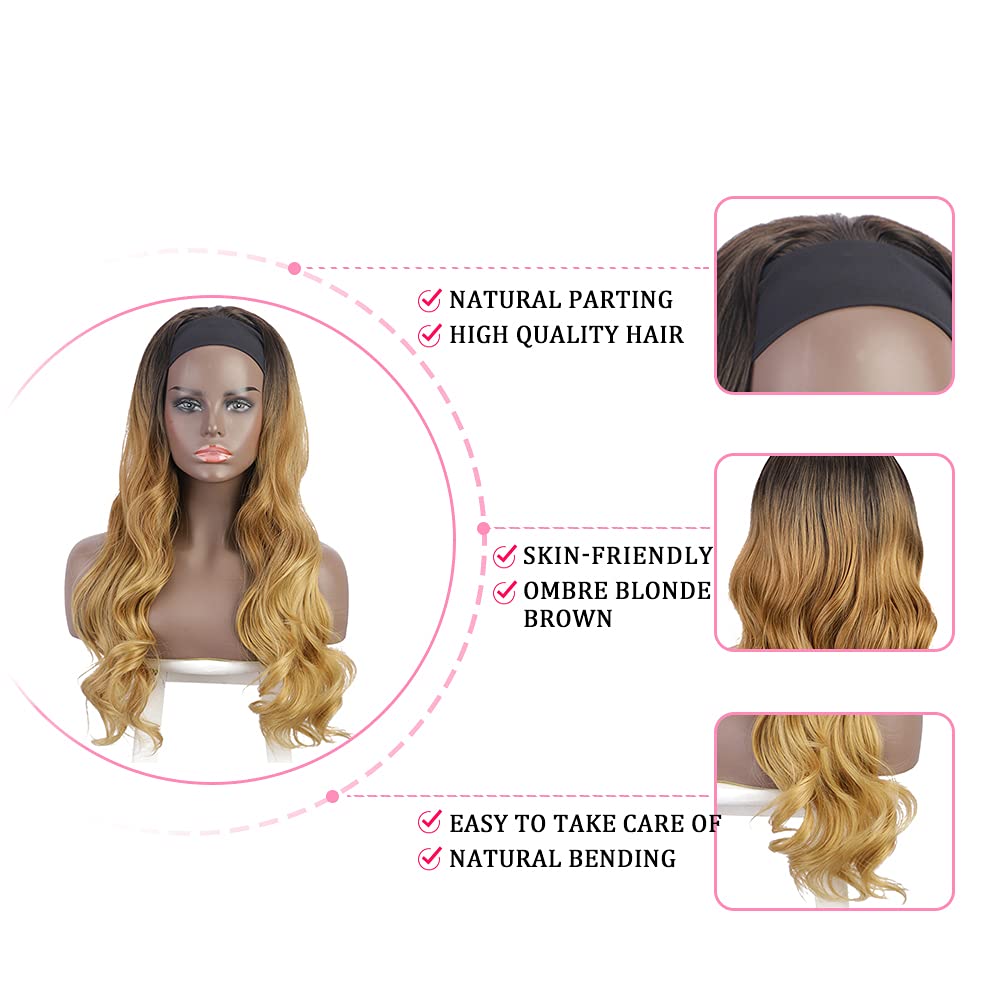 YiweYowe 26 Inch Blonde Body Wave Headband Wig Human Hair Full Head Machine Made Half Wigs Grade 8A 1B27 Ombre Dark Roots To Blonde Headband Wig Human Hair No Lace Brazilian Hair Wig For Women