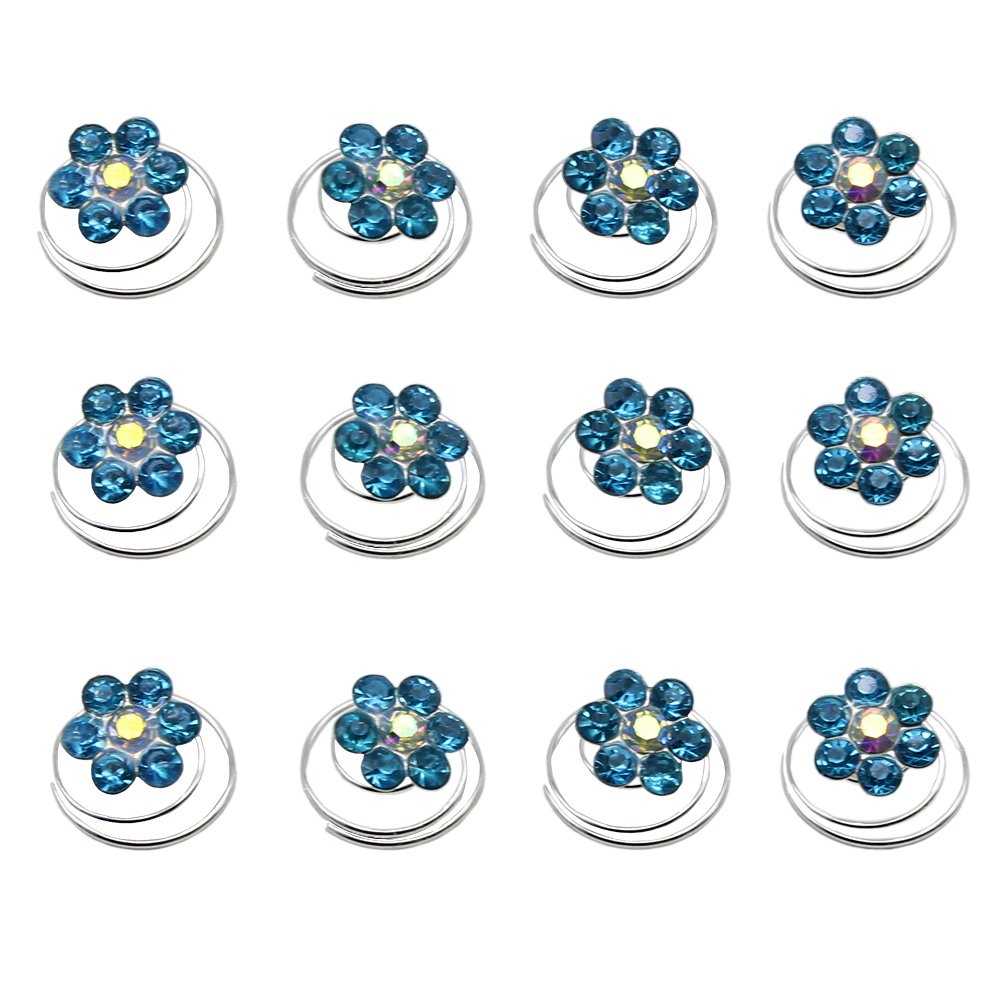 Newstarfactory Rhinestone Studded Collection Flower Spiral Hair Pin Pack of 12 (Sky Blue)