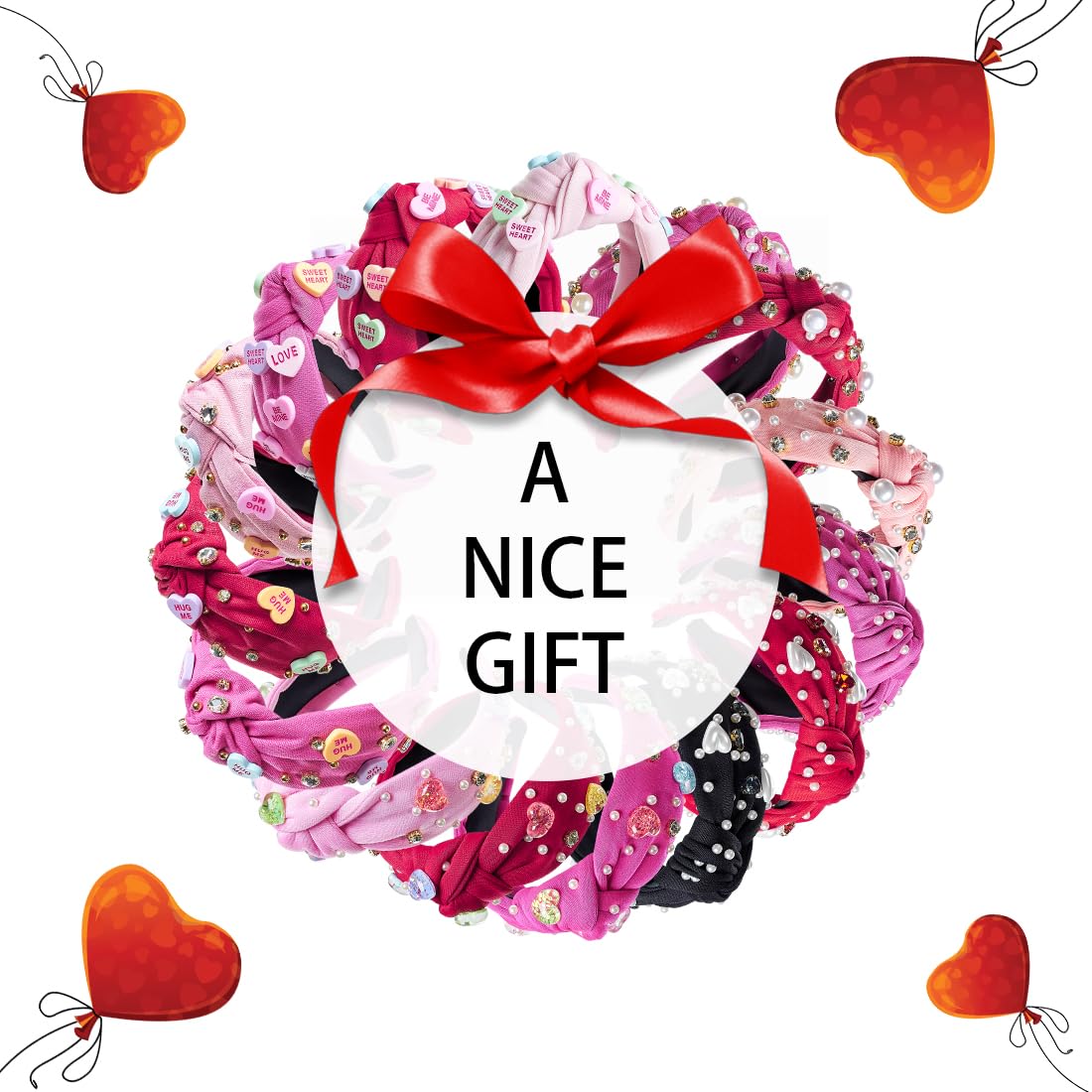 TANOSII Valentine’s Day Knotted Headband for Women Wide Headbands Hair Accessories Jeweled Hairband Letter Heart Red