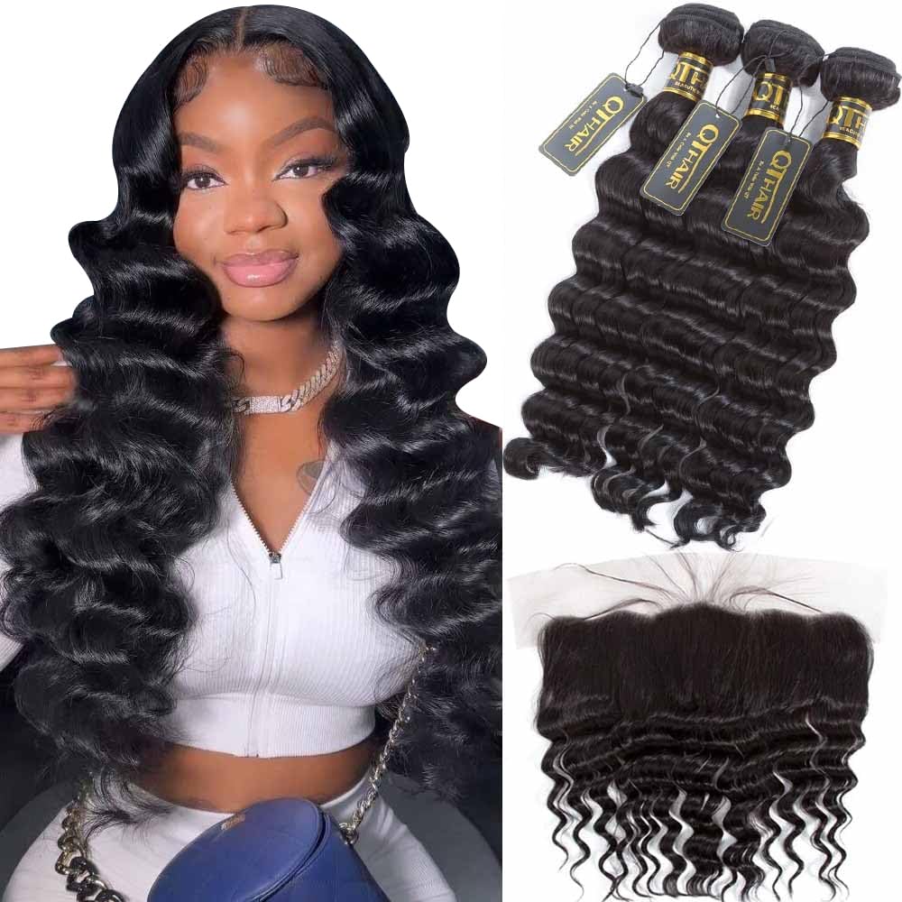 QTHAIR 14A Peruvian Loose Deep Curly Frontal with Bundles 13x4 Lace Frontal Closure with Baby Hair Free Part (16 18 20+14,Natural Black) Peruvian Deep Wave Human Hair with Ear to Ear Lace Frontal
