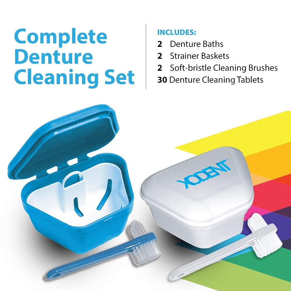 XODENT PREMIUM Denture Cleaning Kit | 2x Denture Cleansing Baths | 2x Strainer Baskets | 2x Soft-Bristle Brushes | 390x Denture Cleaning Tablets | Denture Cleaners