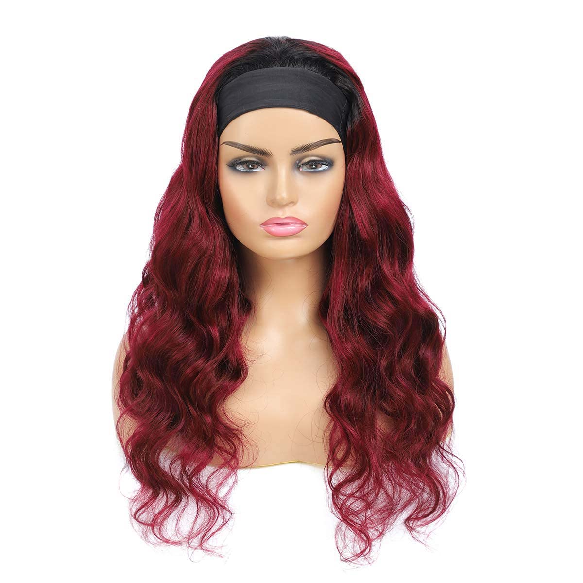 Adette Human Hair Headband Wigs Body Wave Ombre 99J Red Glueless Wavy Wig 180% Density None Lace Front Wigs for Black Women (20 Inch)