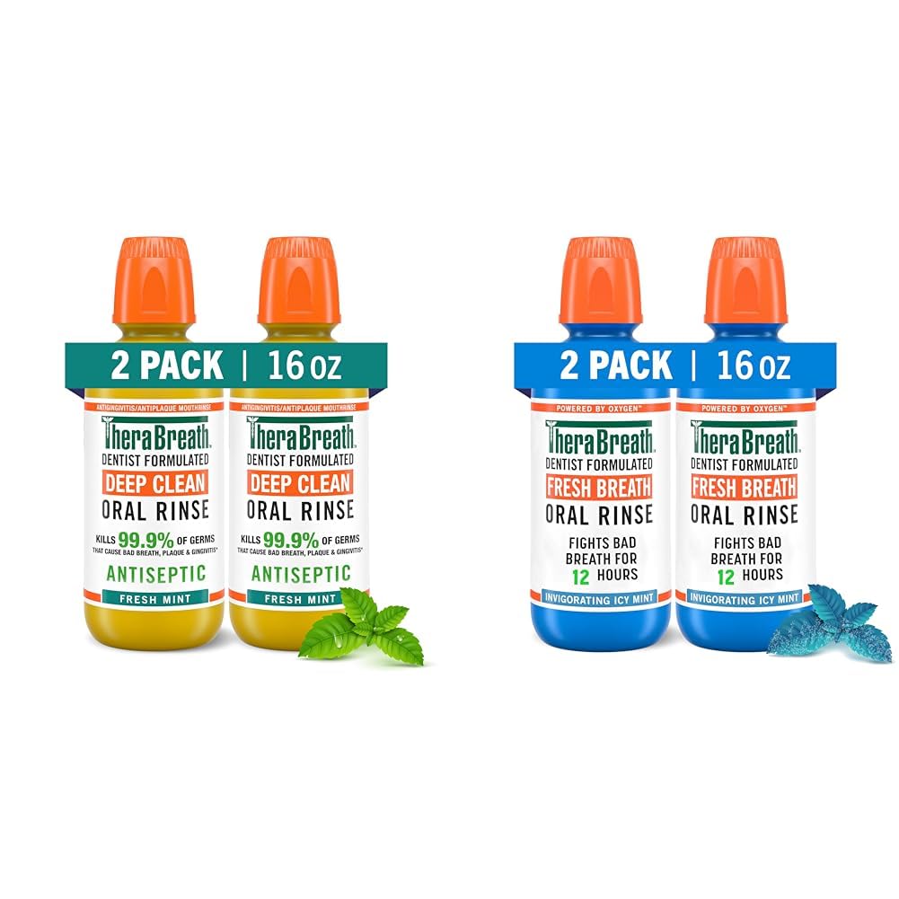 TheraBreath Deep Clean Mouthwash, Antigingivitis, Antiseptic, Fresh Mint Flavor, Dentist Formulated & Fresh Breath Mouthwash, ICY Mint Flavor, Alcohol-Free, 16 Fl Oz (Pack of 2)
