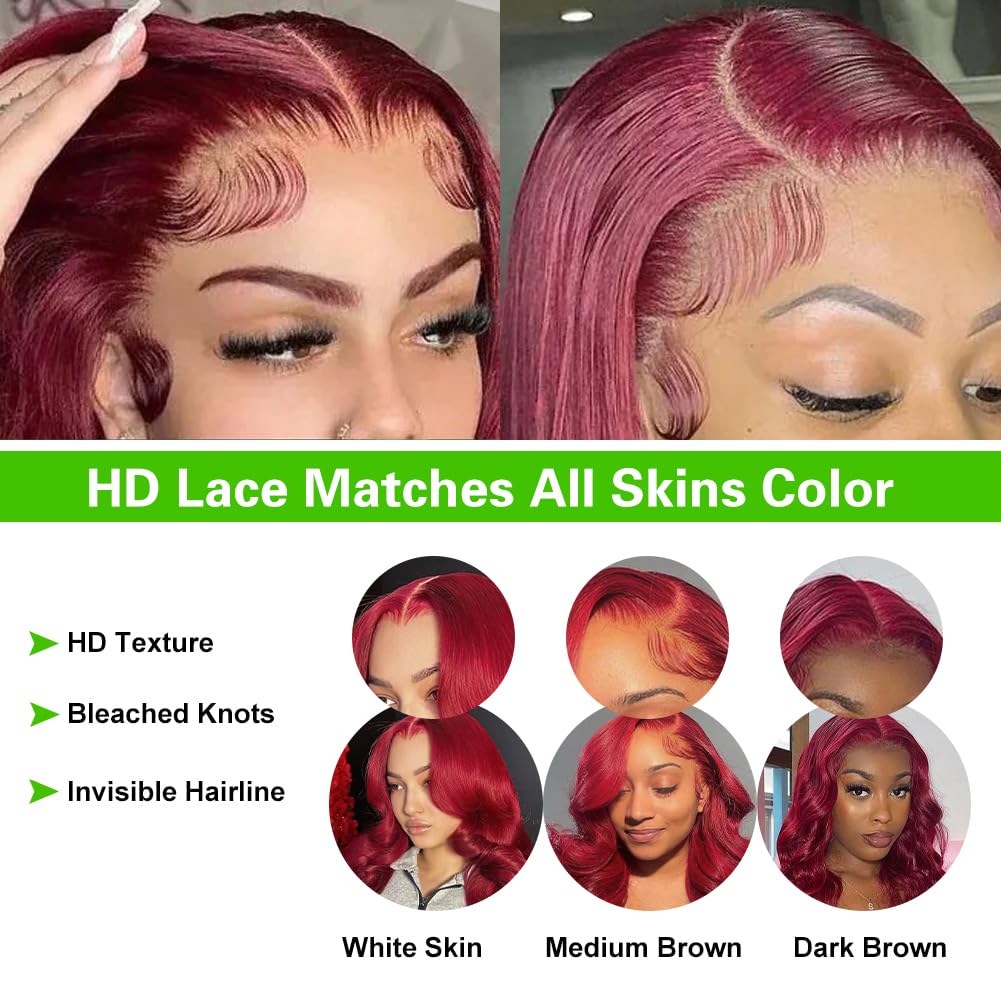 Ptgat 99j Burgundy Lace Front Wigs Human Hair Pre Plucked 13x4 Red Lace Front Wigs Body Wave Glueless Wigs Human Hair 200% Density 99j Transparent HD Lace Frontal Wigs