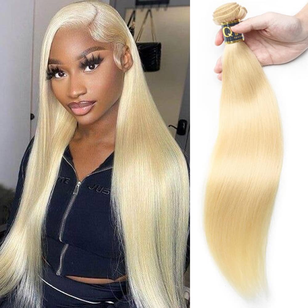 QTHAIR Human Hair Blonde Bundles 14A Grade 100% Brazilian Human Hair Color #613 Platinum Blonde Straight 26" Light Blonde Color Bundles 613 Color Straight Human hair Extensions 100g/Bundle