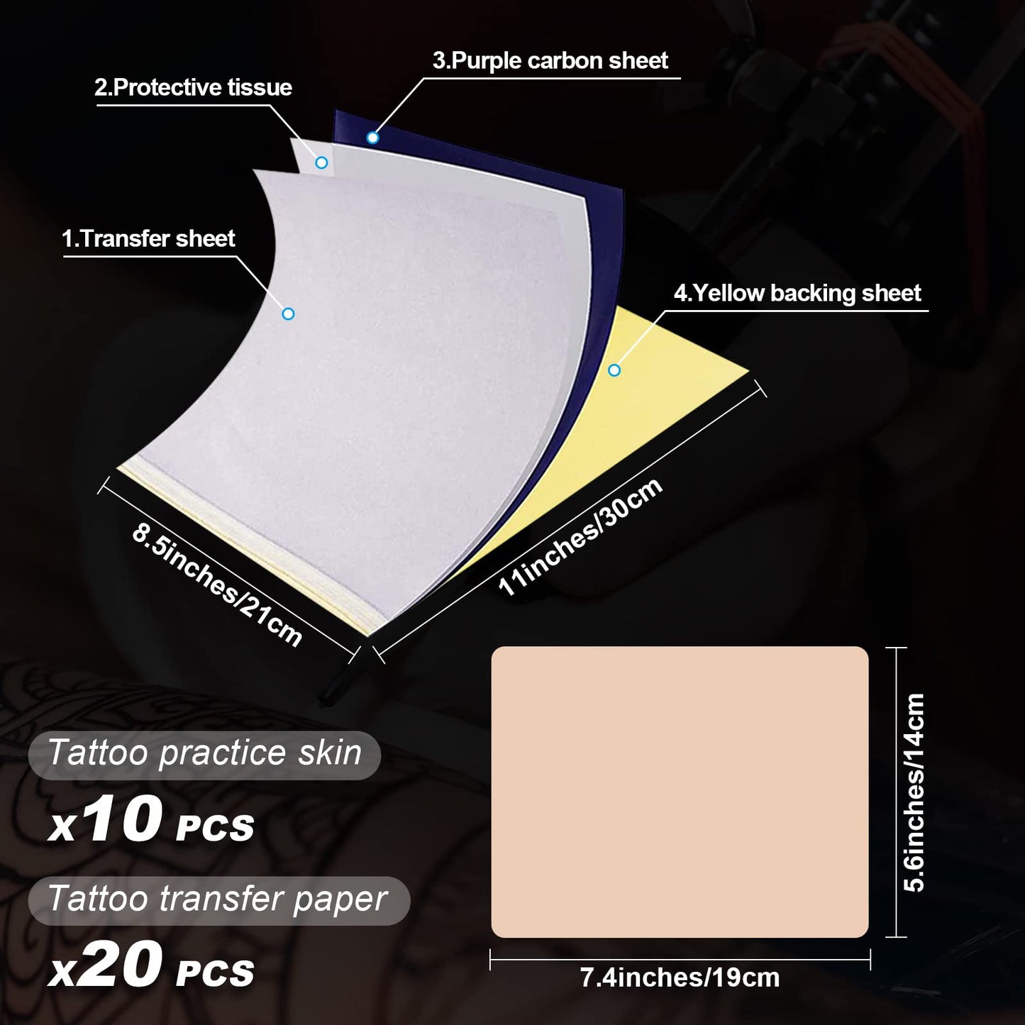 Tattoo Practice Skins with Transfer Paper - Autdor 30Pcs Tattoo Fake Skin and Tracing Paper Kit Includes 20Pcs Tattoo Paper and 10Pcs Double Sided Tattoo Skin Practice for Tattoo Practice