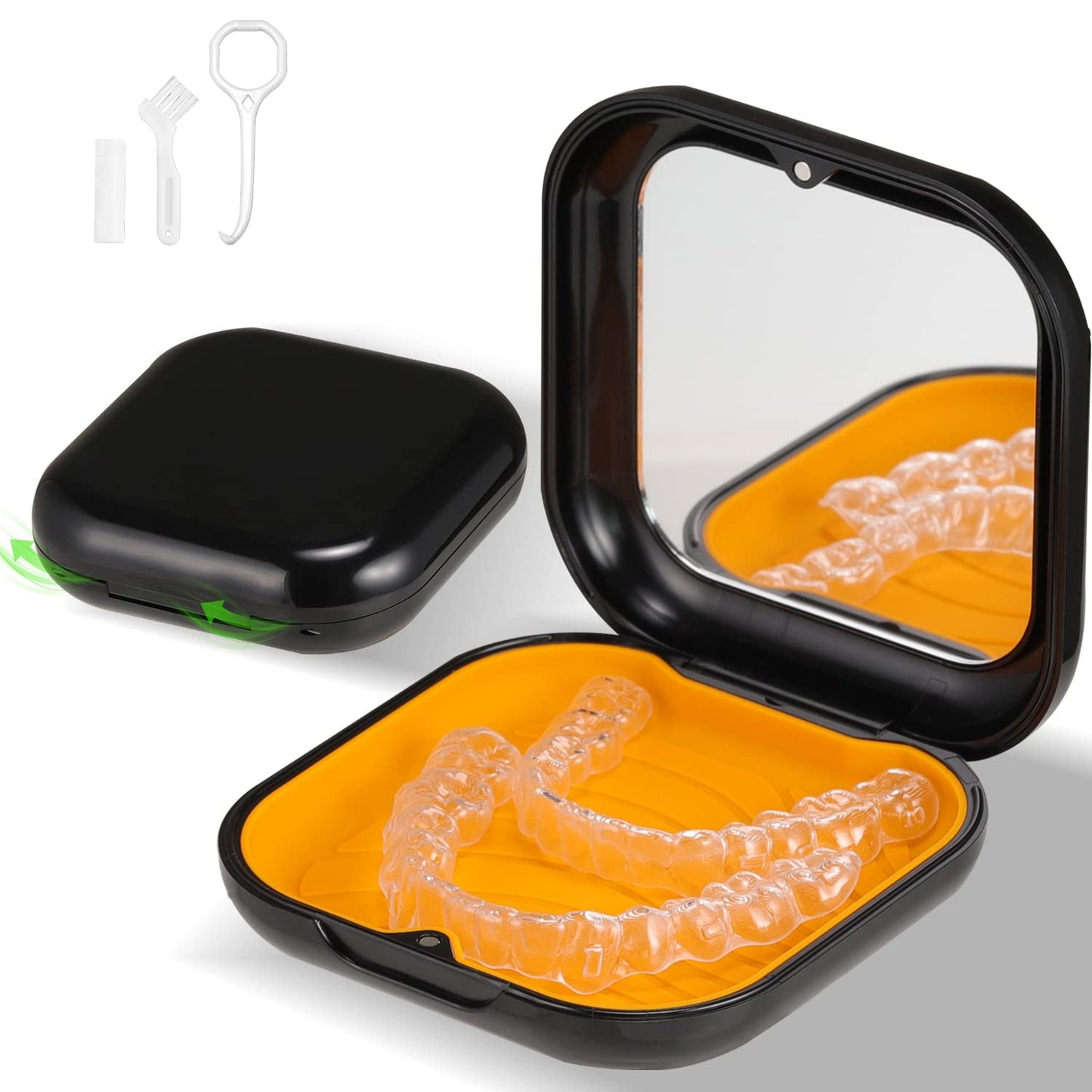 Retainer Case, Slim Aligner Case with Mirror, Compatible with Invisalign, Night Guard and Mouth Guard, Premium Retainer Case, With Aligner Remover Tool, Chew & Brush, Black
