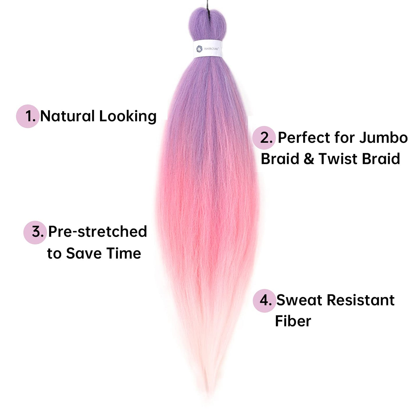 Pre-Stretched Braiding Hair Ombre Pink Braiding Hair Extensions 26 Inch 6 packs Hot Water Setting Professional Soft Yaki Synthetic Crochet Braids（Purple to Pink to White）