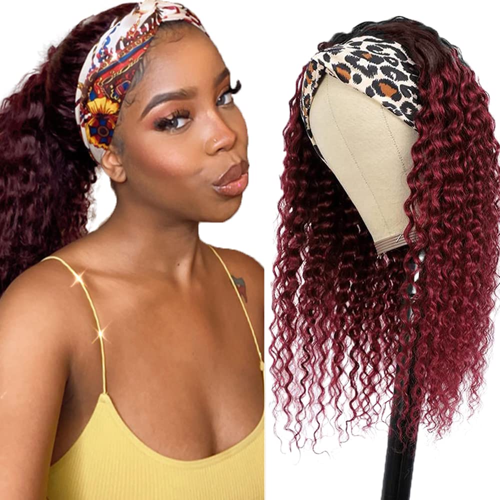 YiweYowe 30 Inch 1B99J Red Headband Wig Human Hair Burgundy Deep Wave Headband Wigs Two Tone Ombre Human Hair Wigs 150% Density Grade 8A Unprocessed Virgin Hair Wigs Headband Wig Wine Red Color