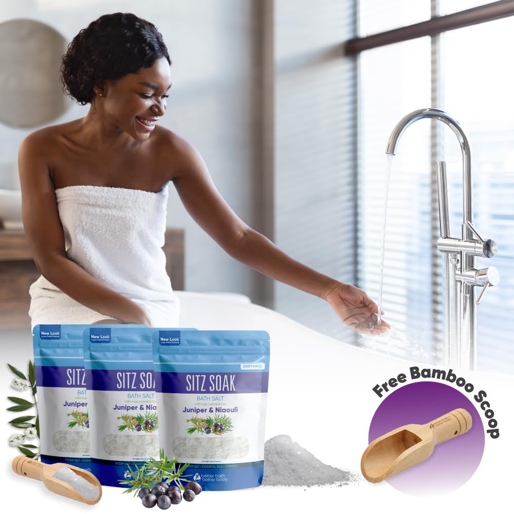 Sitz Bath Salt (3-Pack with Scoop) Hemorrhoid Soothing Sitz Soak Epsom Salt with Pure Essential Oils in BPA-Free Pouch with Easy Press Seal Made in USA with Bamboo Scoop, Three Pouches 6-Lbs Total