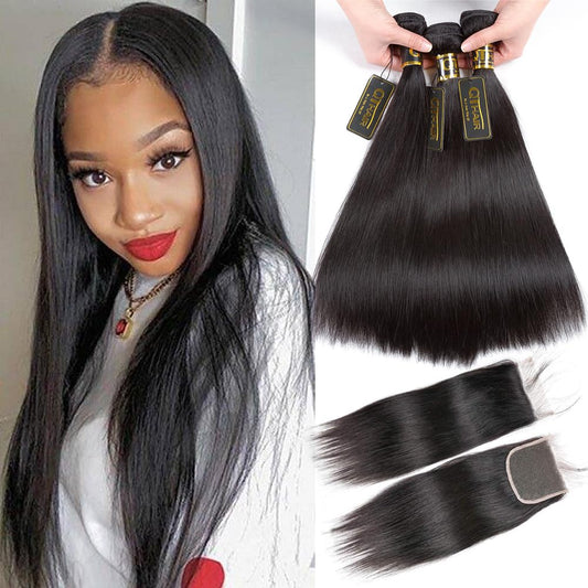 QTHAIR 14A Brazilian Straight Hair 3 Bundles with Transparent HD Lace Closure(12" 14" 14" with 10") Brazilian Straight Virgin Hair Weave 100% Unprocessed Brazilian Hair Straight Human Hair Weave