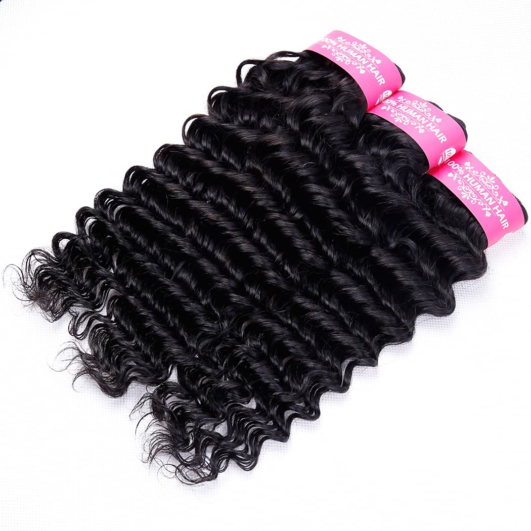 Odir Deep Wave Human Hair Bundles with Closure 10 12 14+10 Inch Unprocessed 9A Brazilian Deep Curly Wave Virgin Hair 3 Bundles with 4x4x1 T-Part Lace Closure Natural Color 70g/Bundle