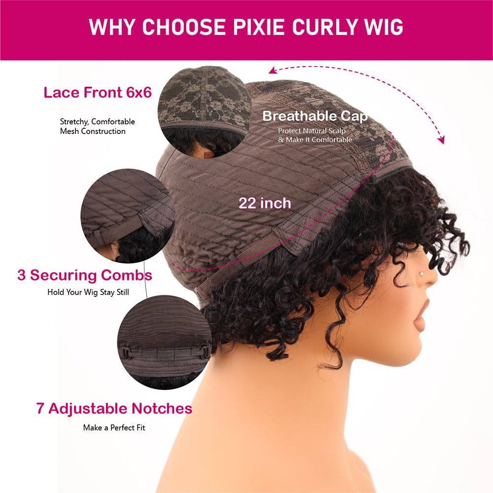 BIG G HAIR 10 inch Curly Pixie Cut Vietnamese Human Hair Wig Pre Plucked, Wear and Go Lace Bob Wig Human Hair 180% Density, Glueless Wig Human Hair with Baby Hair