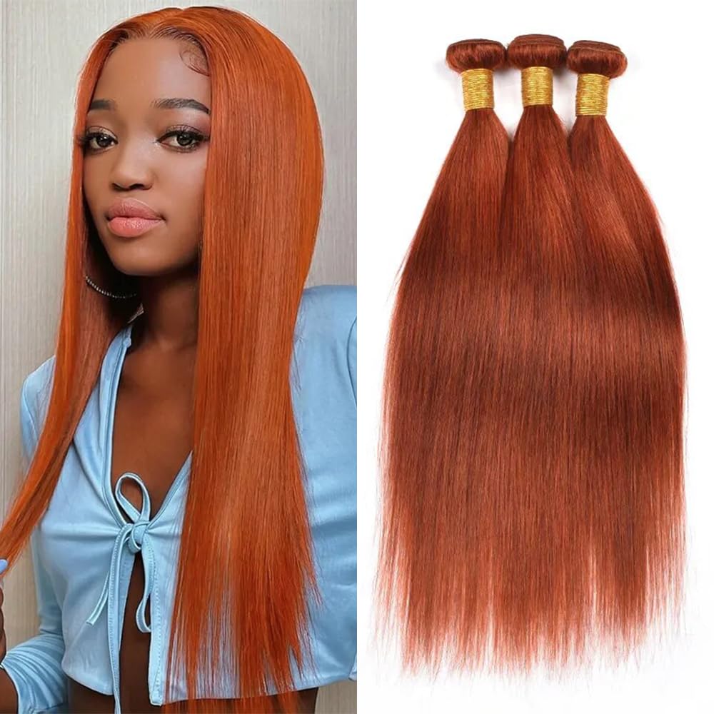 Orange Straight Bundles Human Hair Color 350 Straight Bundles Double Weft Brazilian Human Hair Ginger Orange Straight Bundles Weave Extensions Bundles for Black Woman (24 26 28 inch,3 Bundles)