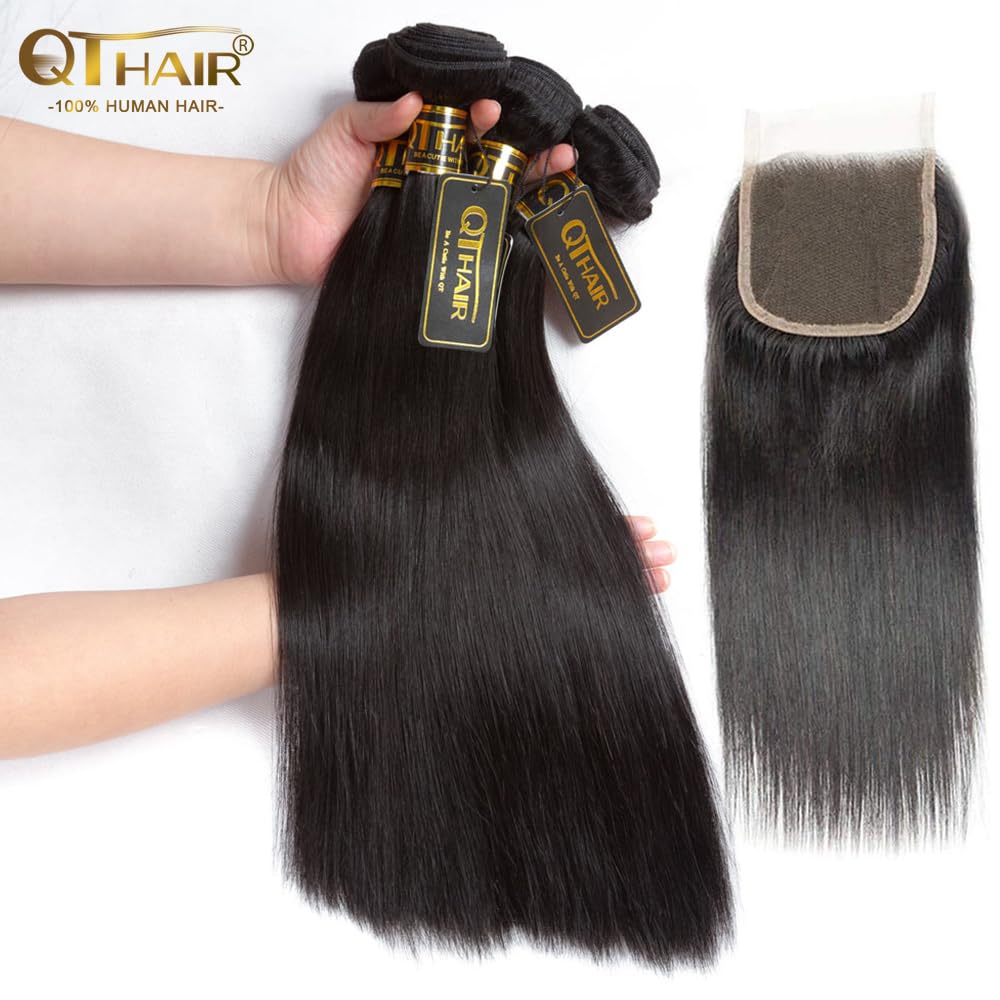 QTHAIR 14A Brazilian Straight Hair 3 Bundles with Transparent HD Lace Closure(12" 14" 14" with 10") Brazilian Straight Virgin Hair Weave 100% Unprocessed Brazilian Hair Straight Human Hair Weave