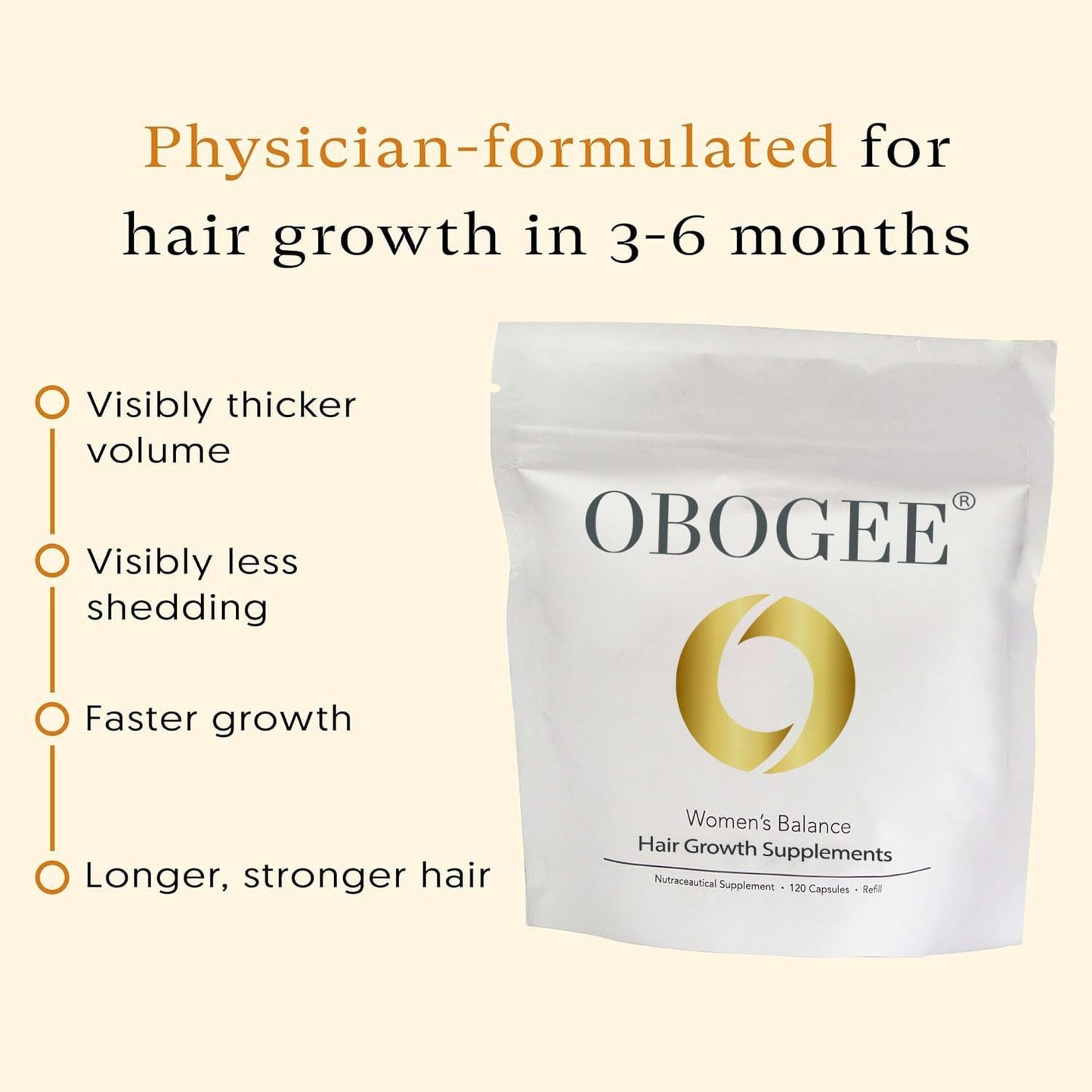 OBOGEE Women's Balance Hair Growth Supplements Proven Hair Supplement for Visibly Thicker Hair and Scalp Coverage, Dermatologist (1 PACK) (Pack, 240, Count)