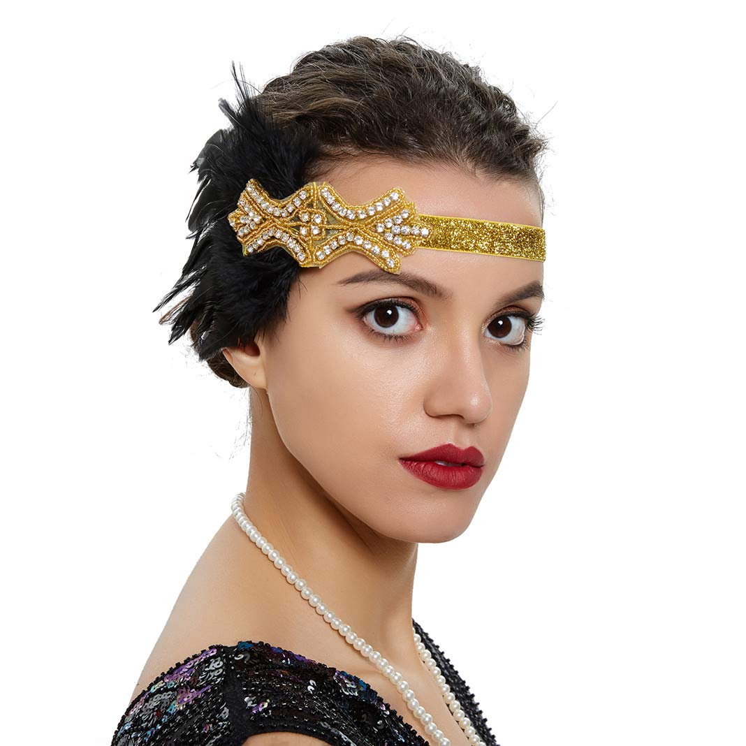 Art Deco 1920s Flapper Headband Feather Roaring 20s Great Gatsby Headpiece for Women Hair Accessories Gold Black