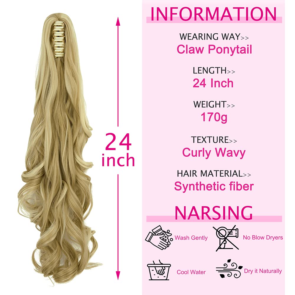 OMGREAT Long Claw Clip in Ponytail Extensions Synthetic Thick Hairpieces 24Inch Pony Tail for Women with a jaw Claw Ash Blonde Mix Bleach Blonde