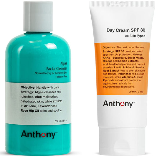 Anthony Day Cream SPF 30, 3 Fl Oz Algae Facial Cleanser, 8 Fl Oz.