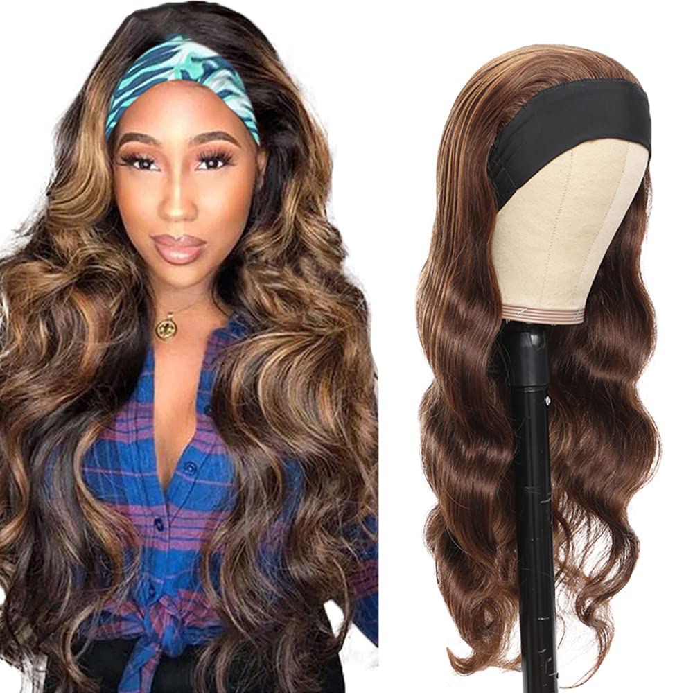 YiweYowe 24 Inch P4/27 Blonde Headband Wig Human Hair Brazilian Virgin Hair Grade 8A Glueless Honey Blonde Highlight Wig With Elastic Bands And Combs Machine Made Body Wave Wig