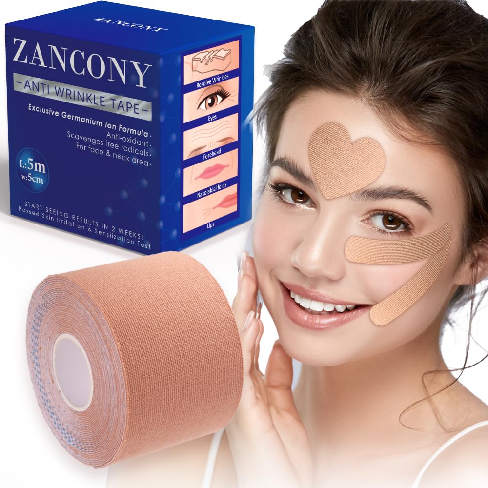 zancony 2 in 1 Face Tape, Forehead Tape for Anti Wrinkle Patches and Face Lift Tape for Full Face and Neck, Kinesiology Tape for Relaxing Facial Muscles, Hypoallergenic，5CM Wide