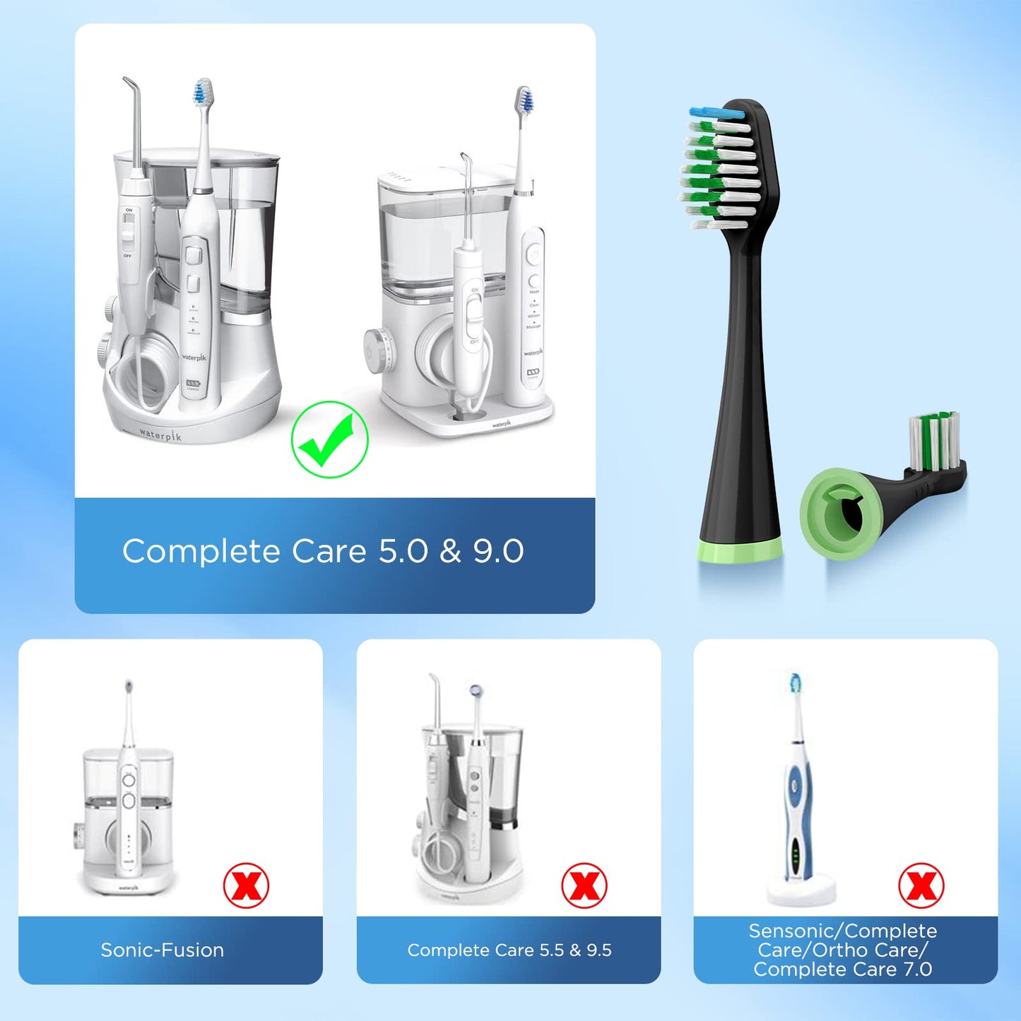 Replacement Toothbrush Heads for Waterpik Complete Care 5.0/9.0 (CC-01/WP-862), with Covers, 10 Count, Black