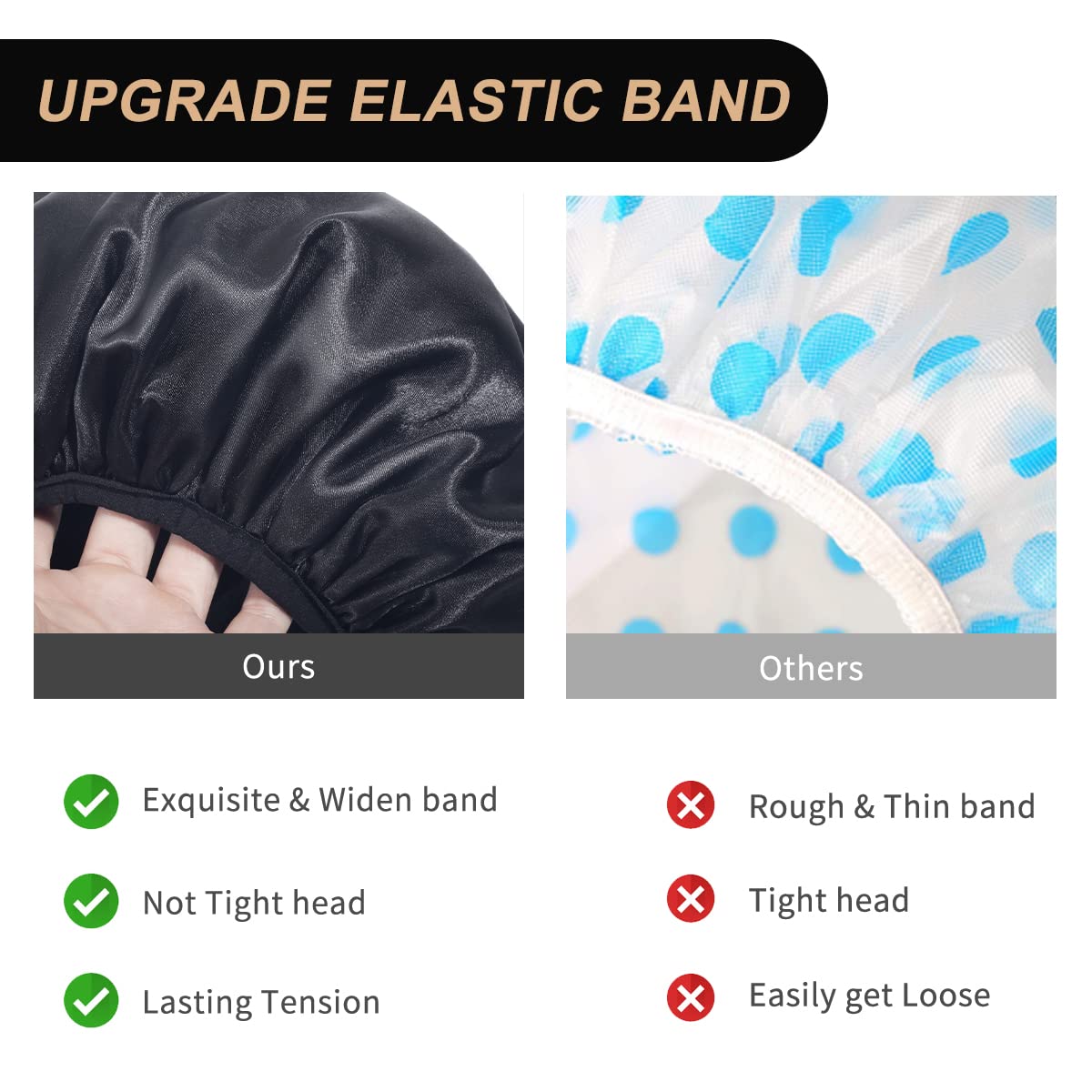 Aquior Shower Cap, Extra Large Shower Cap for Men, Satin EVA Double Layer Waterproof Reusable Hair Cap for Women Long Hair(All Black 4 Pack)