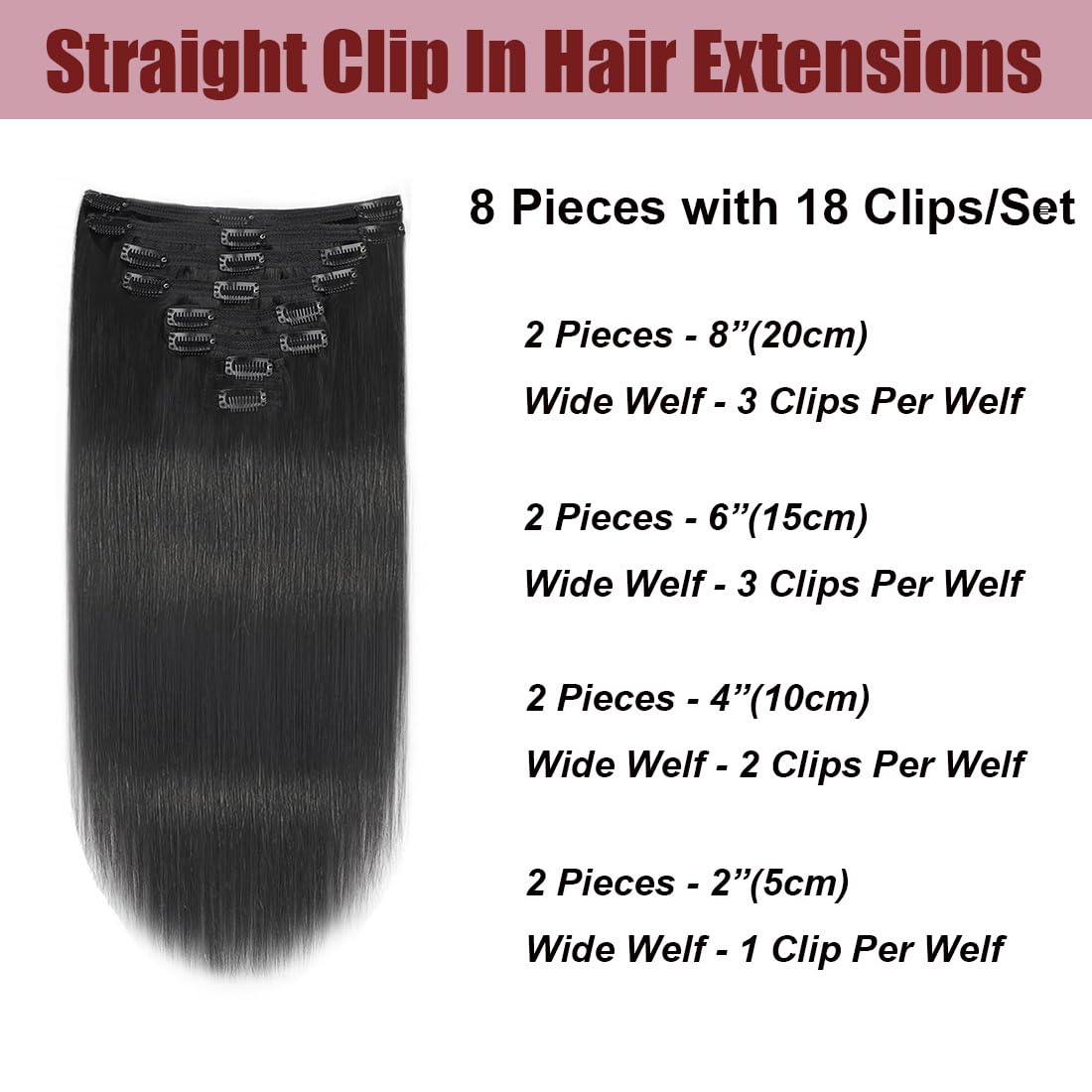 Straight Clip in Hair Extensions Real Human Hair Clip ins Double Weft Straight Clip ins Human Hair Extensions Full Head Natural Black for Women 8Pcs with 18Clips, 120G, 24Inch