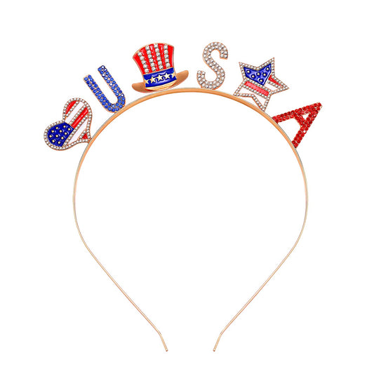 NVENF 4th of July Patriotic Headband Rhinestone American Flag Star Hairband for Women Independence Day Costume Party Headwear