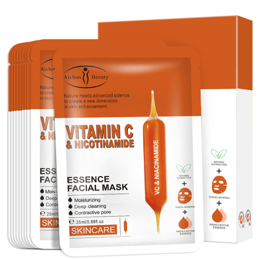 AICHUN BEAUTY Essence Facial Mask Tencel Material Anti-acne Anti-wrinkles After Sun Moisturizing Deep Cleaning Contractive Pore 25ml/0.88fl.oz X 10pcs (VITAMIN C & NICOTINAMIDE(10pcs))