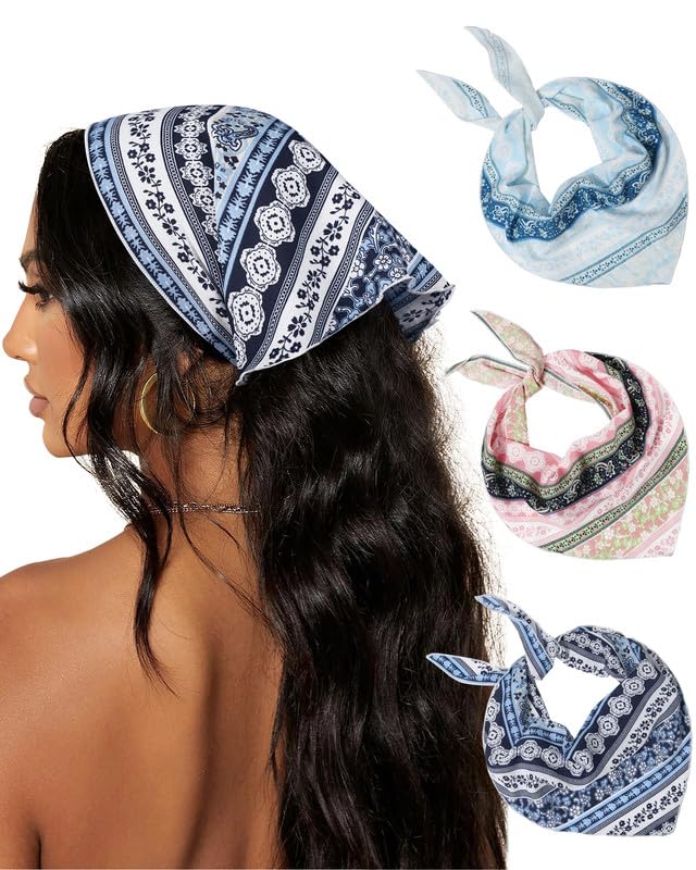 AWAYTR 3Pcs Hair Bandanas Head Kerchief for Women Girls Tie-Back Boho Hair Scarf Headband Bandana Triangle Head Scarf (Stripe Print - Pink/Light Blue/Navy Blue)