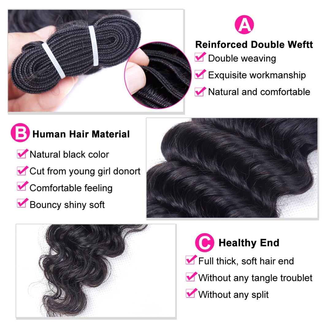 Odir Deep Wave Hair Bundles with 13x4 Frontal Brazilian Human Hair Deep Curly Hair 3 Bundles with Lace Frontal 14 16 18+12 Inch 9A Unprocessed Virgin Hair Natural Color