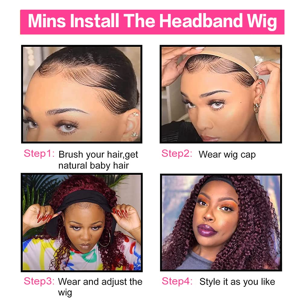 YiweYowe 24 Inch 1B99J Ombre Red Headband Wigs Human Hair Burgundy Deep Wave Headband Wigs 150% Density None Lace Front Two Tone Ombre Human Hair Wigs for Black Women