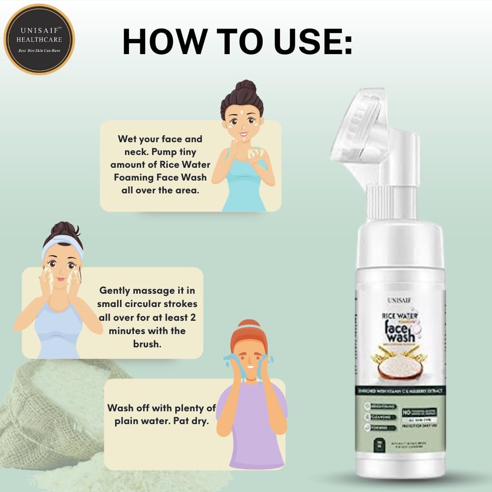 Unisaif Rice Water Face Wash – Rice Water Bright Foaming Cleanser for Women and Men’s Skin Lightening | Foaming | Brightening| Cleansing Facewash for Dry Skin 150ml