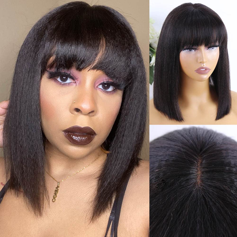Y WIGS Yaki Straight Human Hair Wig with Bangs Glueless Short Bob Wig Human Hair 2x1 Lace Bob Wig with Bangs 12" 150% Density NC