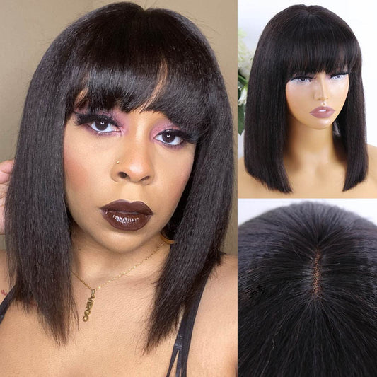 Y WIGS Yaki Straight Human Hair Wig with Bangs Glueless Short Bob Wig Human Hair 2x1 Lace Bob Wig with Bangs 12" 150% Density NC
