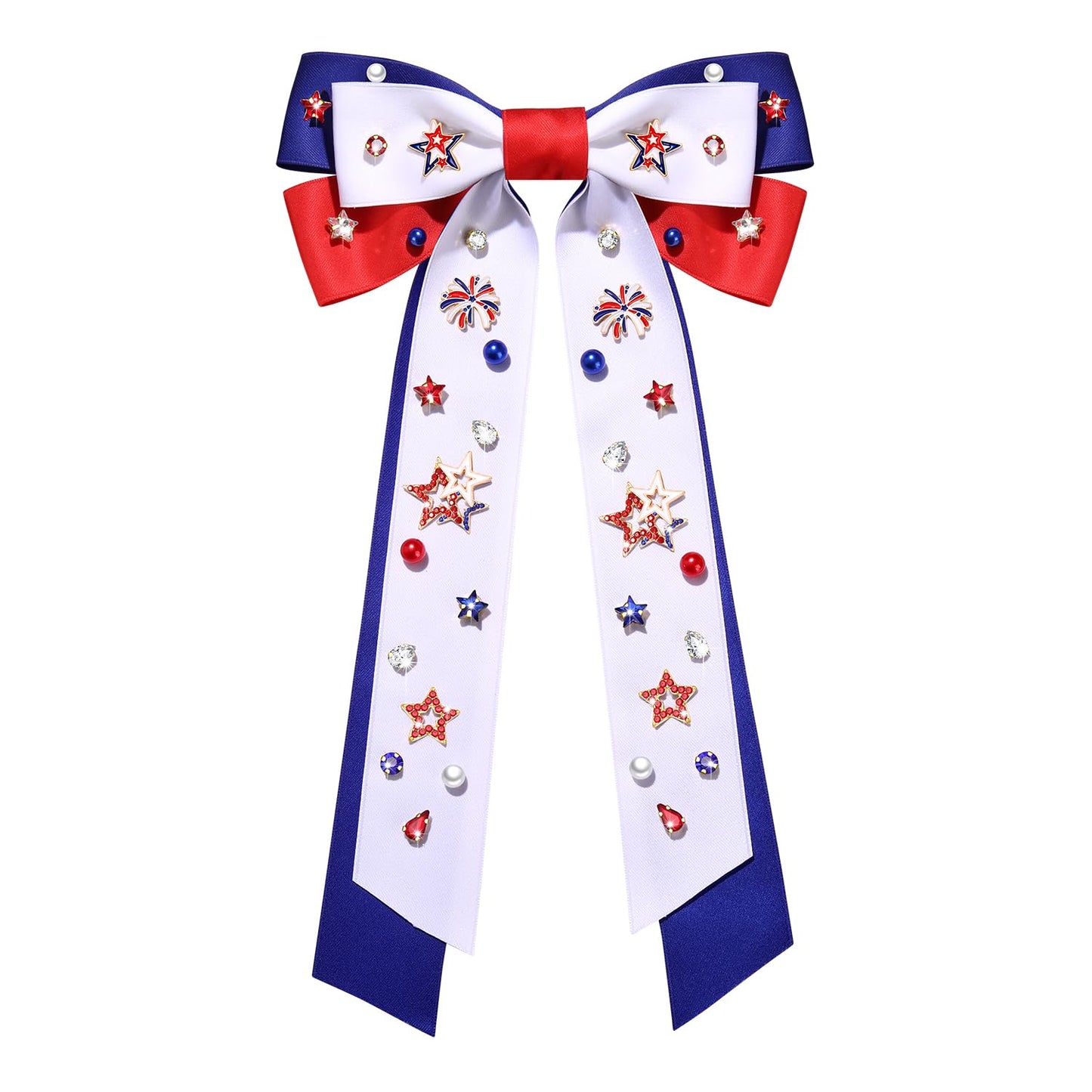 4th of July Women's Silky Satin Hair Accessories: Red, White, and Blue Star Patriotic Ribbons, Bows, and Clips for American Flag Outfits and Gifts (White 7)