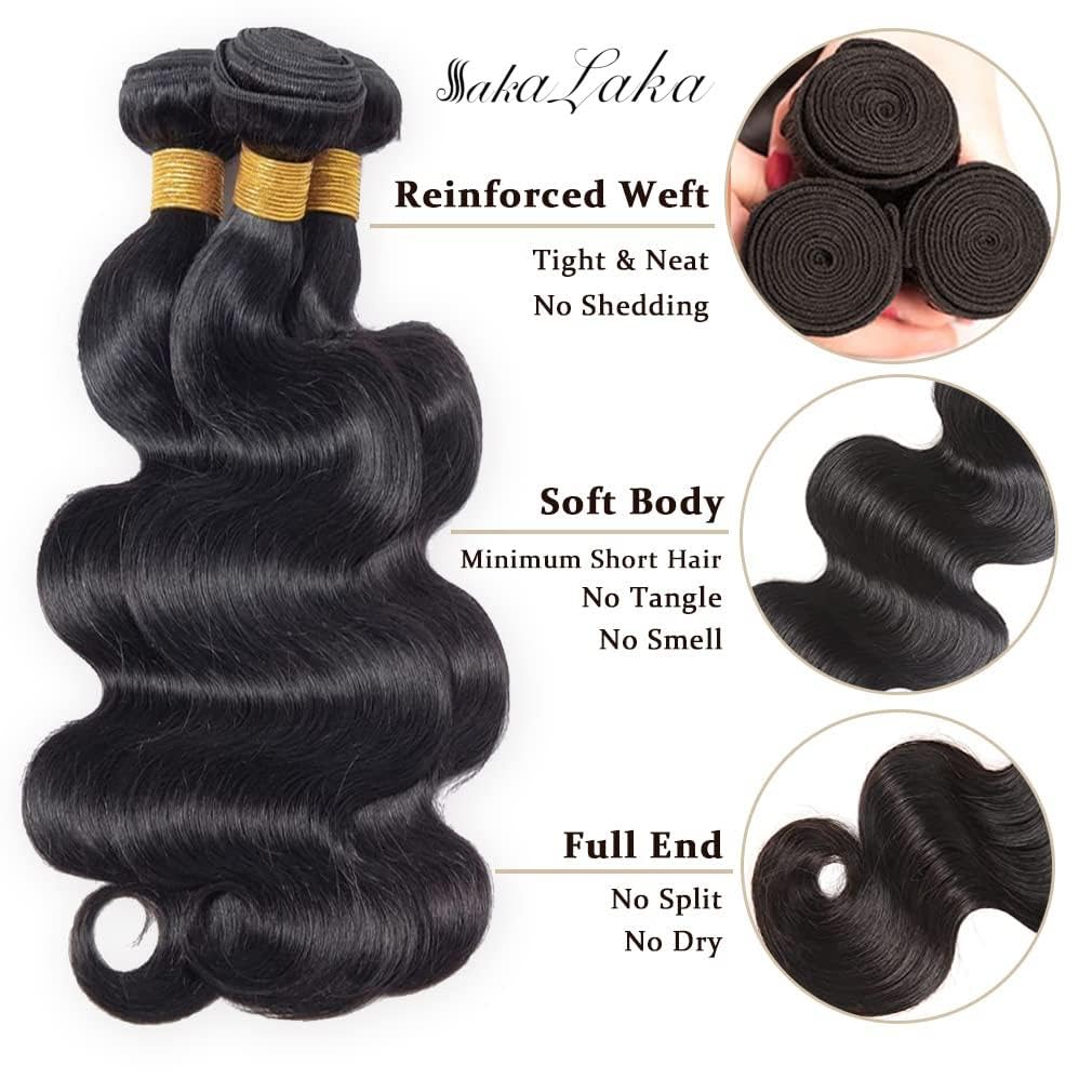 Brazilian Virgin Body Wave Bundles With Closure Three Part Unprocessed Virgin Human Hair Extension Hair Weave Bundles With Lace Closure 4X4 Natural Color (10 12 14+10 Inch)
